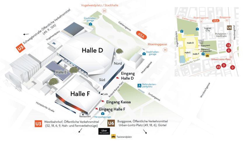 Lageplan der Wiener Stadthalle mit Halle D, Eingängen und Anfahrt für die EBO 2026
