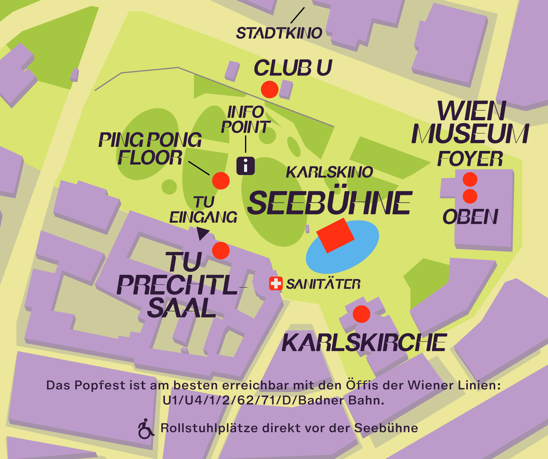 Lageplan des Popfest Wien 2026 rund um den Karlsplatz mit allen Bühnen